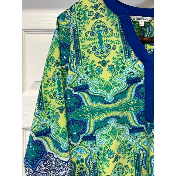 Travelsmith Blue & Green Print Tunic Top sz L EUC BOHO - Picture 3 of 5